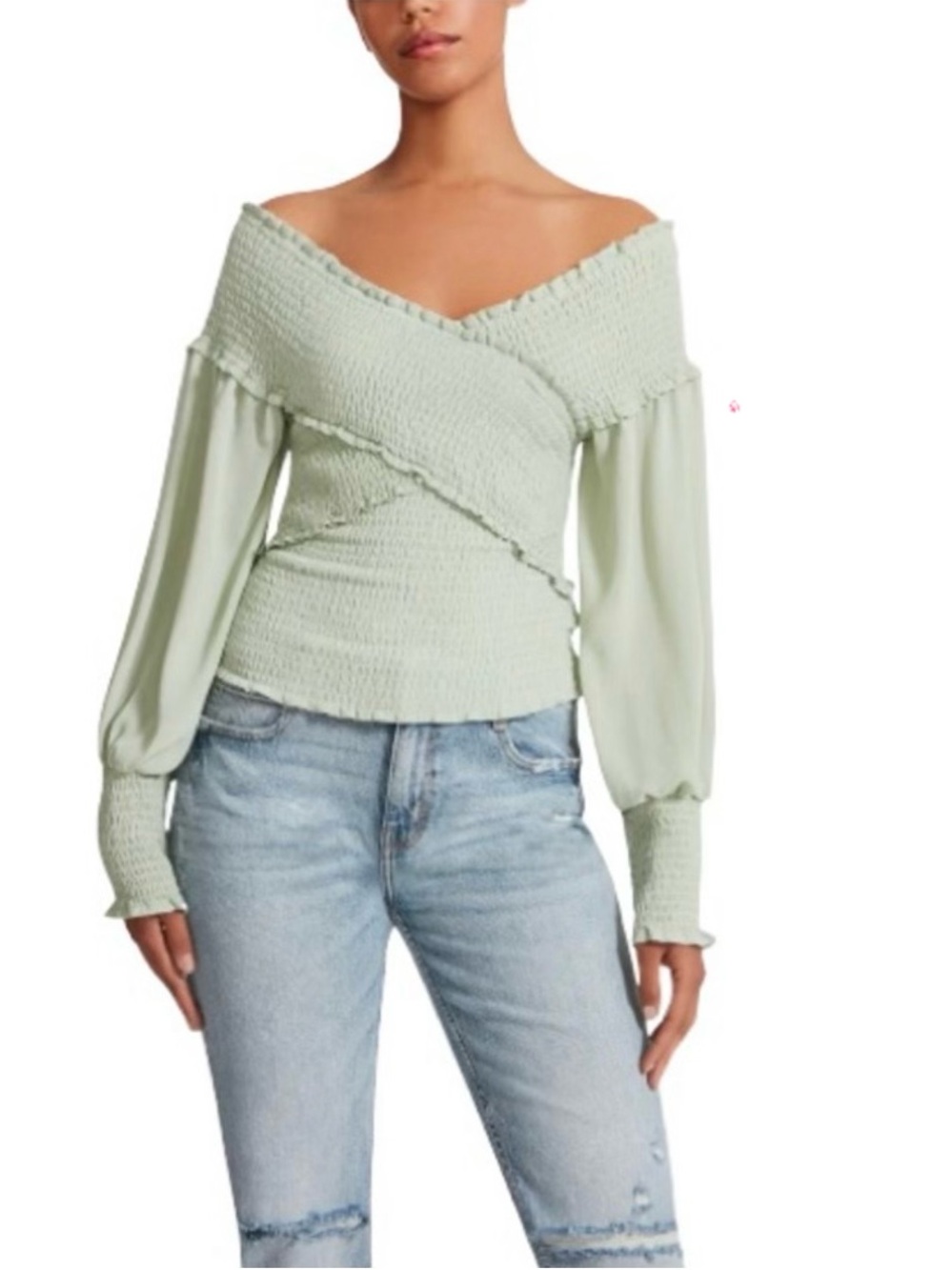 BB Dakota by Steve Madden Ruched Off-Shoulder Long Sleeve Top- Light Sage, Small